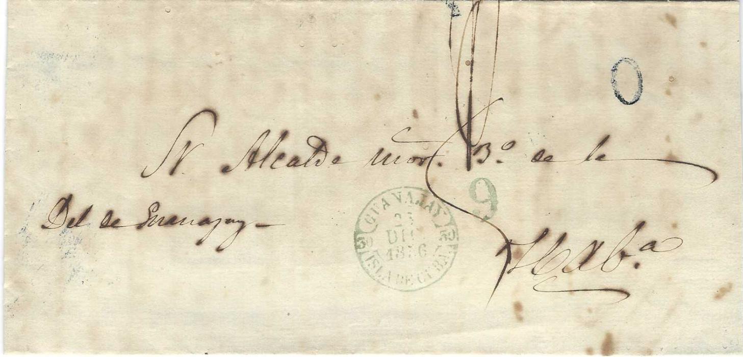 Cuba 1856 (23 Dic) outer letter sheet to Habana with blue-green Guanajay 30 Isl de Cuba cds with ‘9’  rate handstamp in same ink and also a’0’ in blue at top right, arrival backstamp.