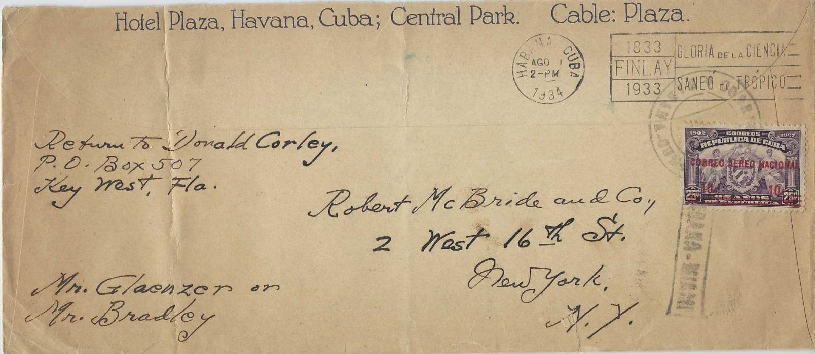 Cuba 1934 fine colour illustrated legal size envelope by Hotel Plaza, Havana promoting tourism to the Island with various images including the Casino and Race Track, franked 10c. on 25c Correo Aereo Nacional  tied Habana – Miami slogan cancel, two vertical filing creases, attractive.