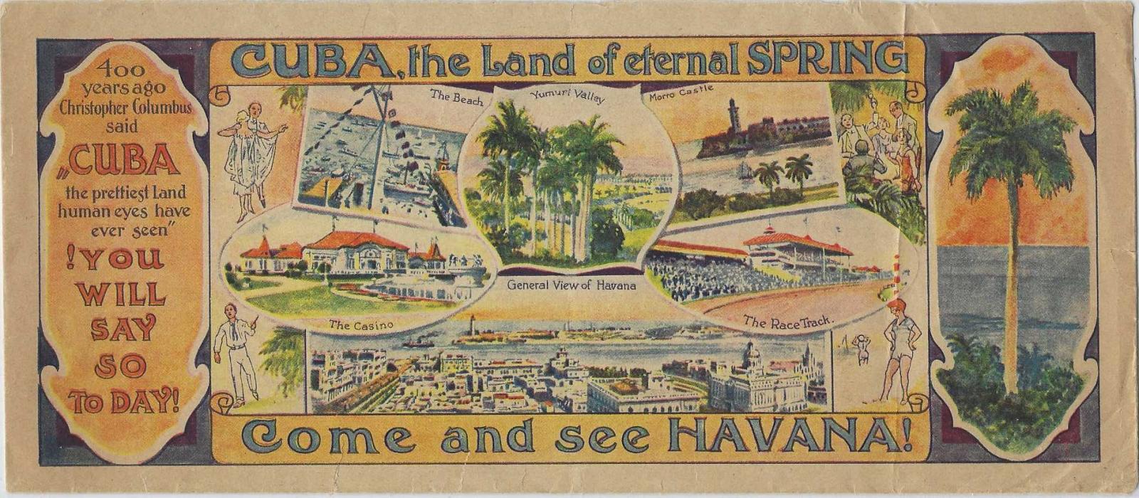 Cuba 1934 fine colour illustrated legal size envelope by Hotel Plaza, Havana promoting tourism to the Island with various images including the Casino and Race Track, franked 10c. on 25c Correo Aereo Nacional  tied Habana – Miami slogan cancel, two vertical filing creases, attractive.