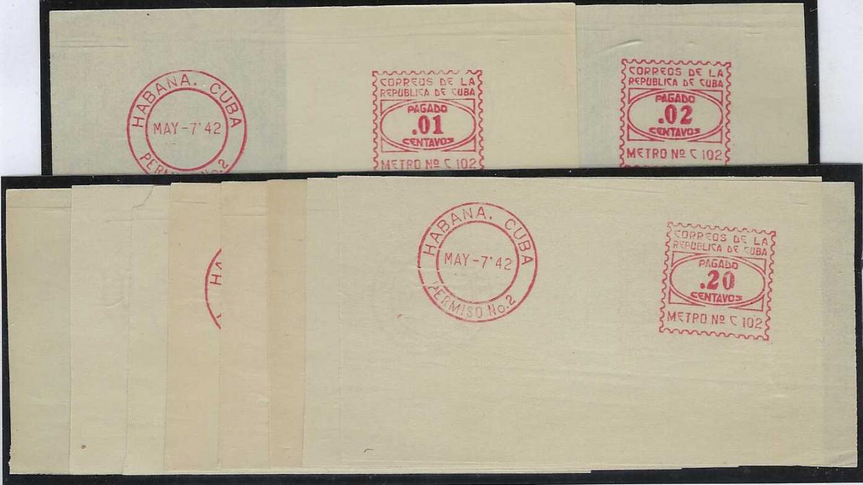 Cuba 1942 group of 10 red meter mail proofs with red Habana cds and framed value in square to right