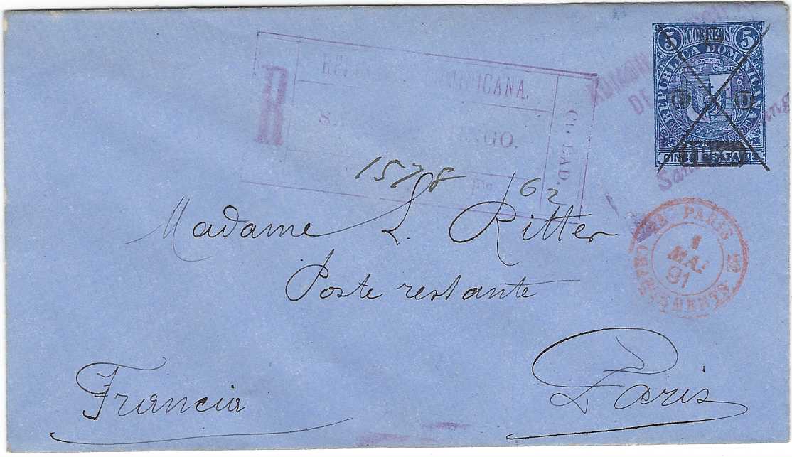 Dominican Republic 1891 1 Peso on 5c. postal stationery envelope to Paris with pen cross and cancelled four-line Santo Domingo date stamp, registration handstamp at centre with manuscript number, Paris Chargements arrival cds; fine condition.