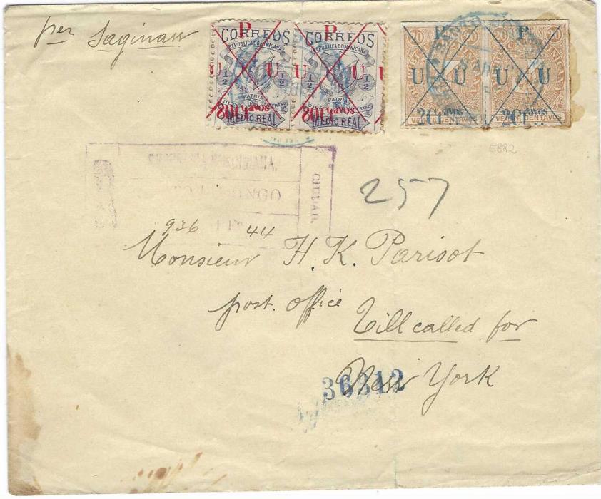 Dominican Republic 1891 registered cover to New York franked Parisot U.P.U. overprinted issues roulette 2ct. on 20c. pair and perforated 80ct on 1/2p. pair, both with pen crosses and blue despatch cds, registration hanstamp below, arrival backstamp; light vertical filing crease and some glue staining around 2c. pair. The stamps, as opposed to the stationery, are very rare on cover.