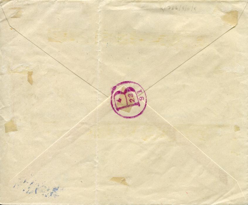 Dominican Republic 1891 registered cover to New York franked Parisot U.P.U. overprinted issues roulette 2ct. on 20c. pair and perforated 50ct on 1/2p. pair, both with pen crosses and blue despatch cds, registration hanstamp below, arrival backstamp; light vertical filing crease and some glue staining around 2c. pair. The stamps, as opposed to the stationery, are very rare on cover.