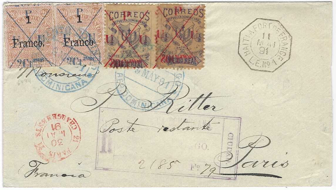 Dominican Republic 1891 registered cover to Paris franked Parisot U.P.U. overprinted issues roulette 2ct. on 20c. pair and perforated 50ct on 1/2p. pair, both with pen crosses and blue despatch cds, registration hanstamp below, fine octagonal maritime Haiti A Fort De France L.E.No.1 date stamp, red Paris Chargements arrival at left. The stamps, as opposed to the stationery, are very rare on cover.