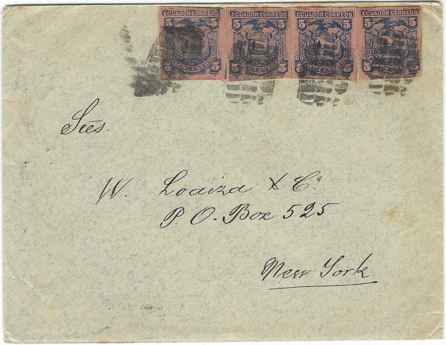 Ecuador 1894 envelope without provenance to New York, franked four 5c. postal stationery cut outs tied by cork cancels. On reverse two Transito Panama and arrival cds.