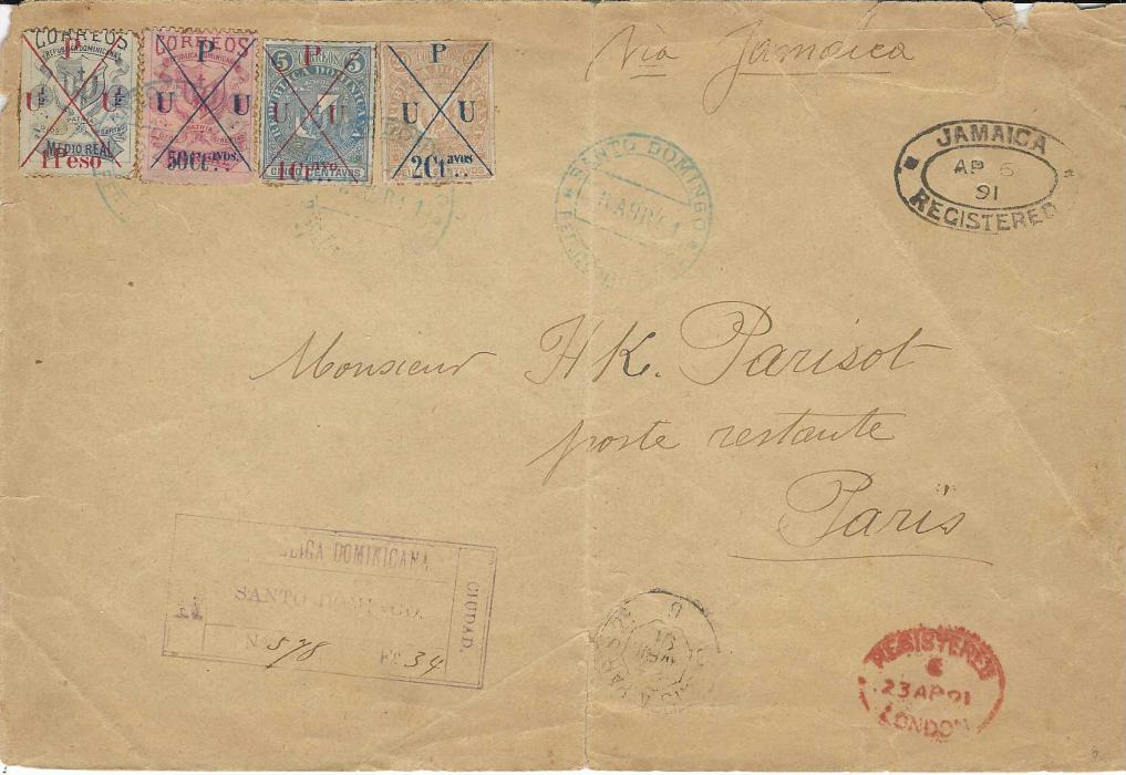 Dominican Republic 1891 registered ‘Parisot’ cover to Paris bearing four different U.P.U. surcharged issues with pen crosses and blue despatch cds, Jamaica Registered transit at right and London transit bottom right, arrival backstamps. Vertical filing crease and other slight faults but a most unusual four colour franking.