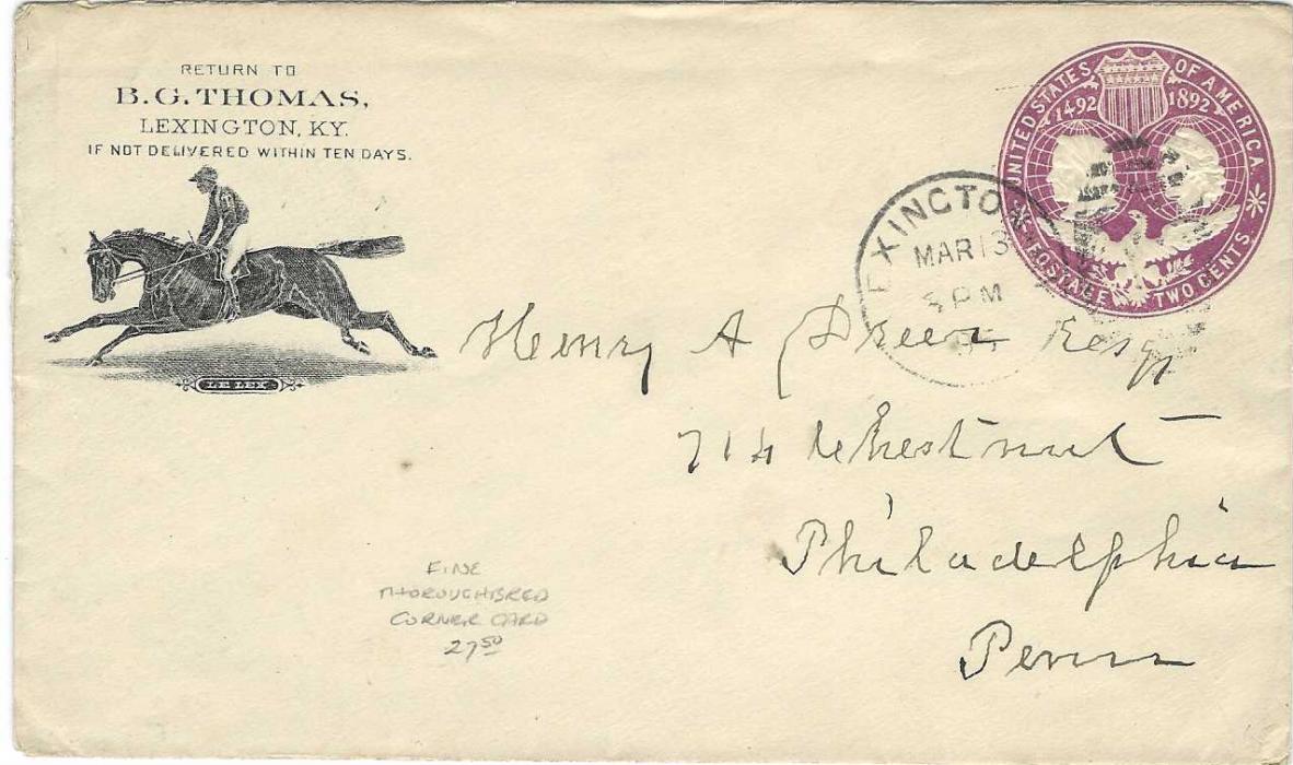 United States 1895 2c. Columbus and Liberty postal stationery envelope from Lexington to Philadelphia with fine image at left of Horse and Jockey;  good condition.