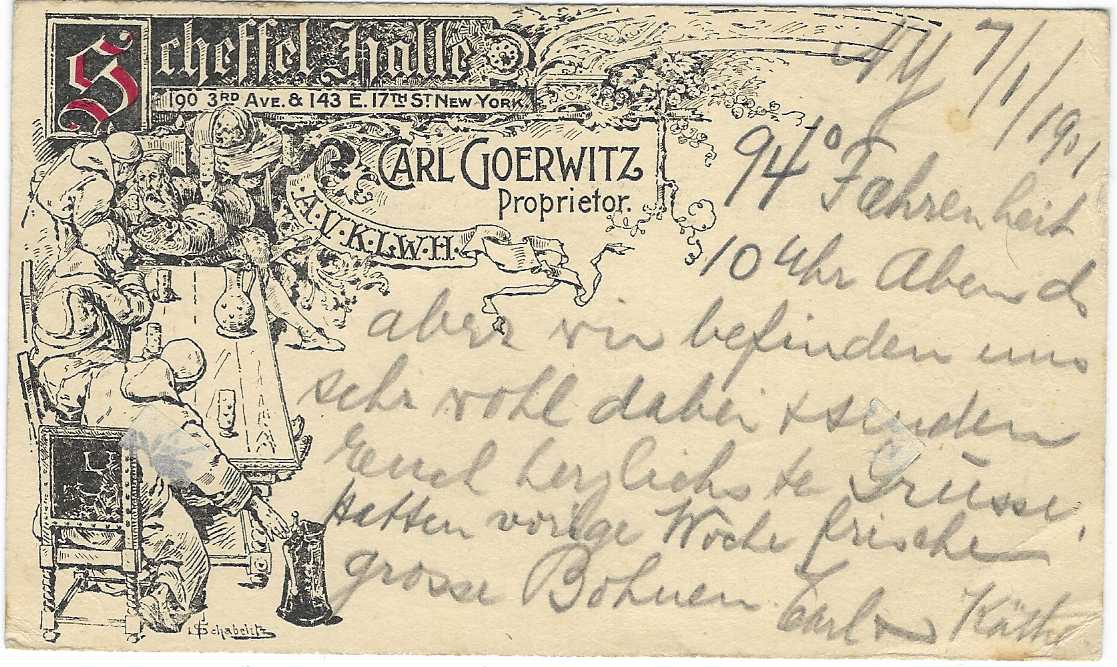 u (Advertising Stationery) 1901 1c. postal card uprated 1c. Pan American Exposition to Bremen cancelled by New York machine cancel, fine illustration of Beer Hall and Restaurant Scheffel Hall, 3rd Ave, New York depicting Monks drinking at a table.