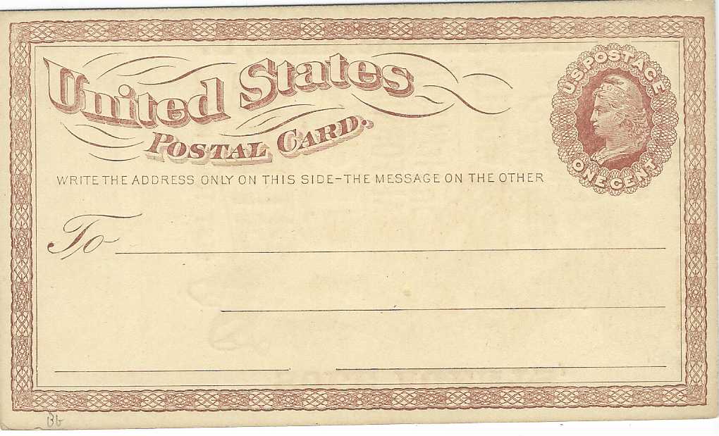 United States (Advertising Stationery) 1873 1c. Liberty card with, on reverse, fine illustration for Philip Wolf & Co of Cincinnati as sole agents for California IXL Bitters; fine unused.