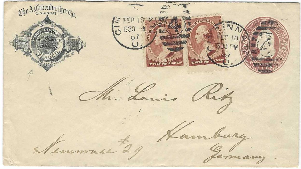 United States (Advertising Stationery) 1887 2c. envelope with Dog illustrated company logo for a starch manufacturer, sent to Hamburg and uprated two 2c. tied Cincinnati duplex.