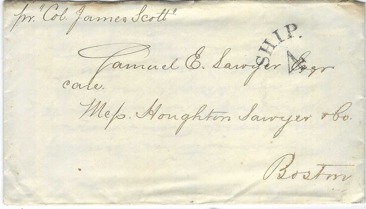 United States 1853 incoming envelope with enclosure from Buenos Aires, Argentina to Boston with endorsement “pr Col James Scott” and at right fine cursive SHIP./ 4 handstamp; no backstamps, fresh condition.
