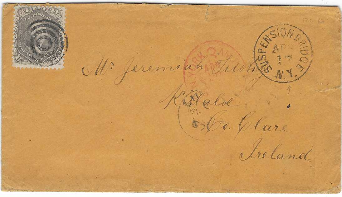 United States 1867 (Apr 17) orange-brown envelope to Killaloe, Co. Clare, Ireland  bearing single franking 1861-62 24c. Washington brown-lilac tied by target cancel with Suspension Bridge N.Y. cds at right, red New York transit, part Liverpool  cds, arrival backstamp. A couple of small ter in envelope and missing backflap.