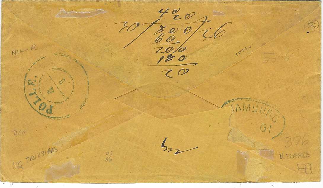United States 1860 (Dec 15) orange-buff envelope  to Hannover bearing 3c. Washington (Sc. 26) block of four and single all cancelled by red circular open grids, matching N.York ‘Paid 10’ Hamb. Pkt credit exchange cds, reverse with Hamburg transit and Pollearrival. One 3c. with trimmed perfs and no bottom backflap but still a very fine, rare use of 18513c. block of four and single to pay 15c. Bremen-Hamburg treaty rate.
