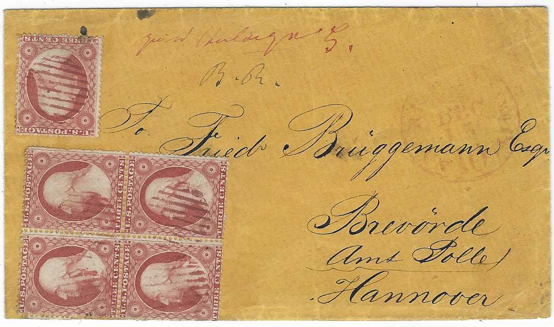 United States 1860 (Dec 15) orange-buff envelope  to Hannover bearing 3c. Washington (Sc. 26) block of four and single all cancelled by red circular open grids, matching N.York ‘Paid 10’ Hamb. Pkt credit exchange cds, reverse with Hamburg transit and Pollearrival. One 3c. with trimmed perfs and no bottom backflap but still a very fine, rare use of 18513c. block of four and single to pay 15c. Bremen-Hamburg treaty rate.