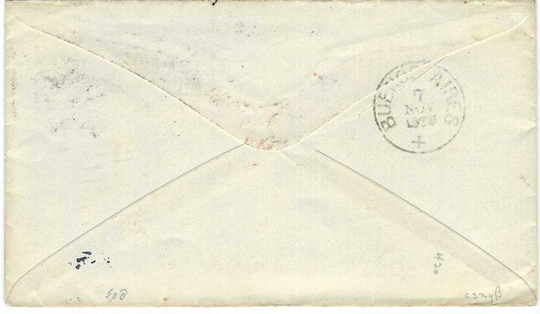 United States 1875 cover to a “Capt Pembroke Jones”, an ex Civil War naval veteran now surveying the Rio de la Plata for Argentina, addressed care of forwarding agents at Buenos Aires, endorsed “Via England” and franked 1870-71 no grill 1c. and 3c. plus pair of 12c. ‘Henry Clay’ (Sc 151) cancelled cork handstamps , Washington GA cds at left, New York transit, red London transit, arrival backstamp; fine and scarce.