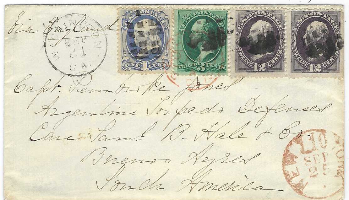 United States 1875 cover to a “Capt Pembroke Jones”, an ex Civil War naval veteran now surveying the Rio de la Plata for Argentina, addressed care of forwarding agents at Buenos Aires, endorsed “Via England” and franked 1870-71 no grill 1c. and 3c. plus pair of 12c. ‘Henry Clay’ (Sc 151) cancelled cork handstamps , Washington GA cds at left, New York transit, red London transit, arrival backstamp; fine and scarce.