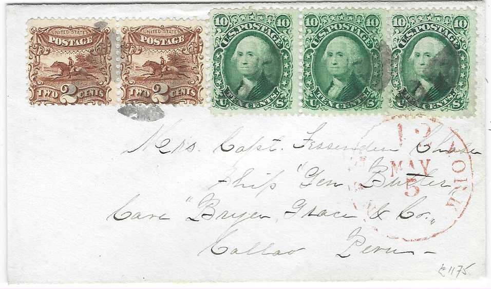 United States 1878 (Apr 27) cover to a Captain on ship ‘Gen Butler’ through forwarding agents at Callao, Peru franked 1861-75 10c. Washington pair and single plus 1869 2c. pair tied by segmented cork handstamps, New 12 York cds at right, reverse with Bath ME cds and part Callao arrival cds. Fine and fresh condition.
