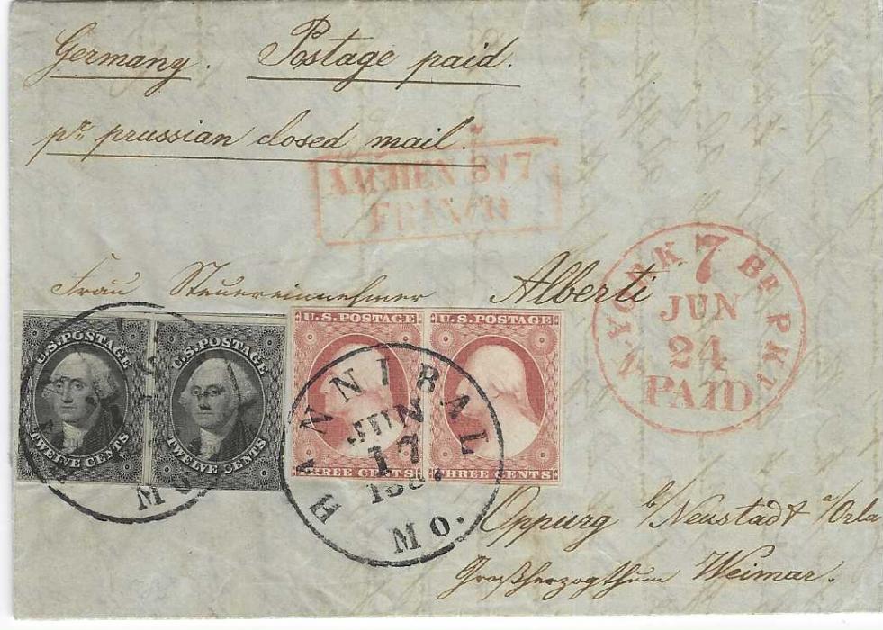 United States 1857 (Jun 17) entire to Neustadt endorsed “Postage Paid” and “pr prussian closed mail” franked 1851 12c. pair (with margins touched at left) and 1853-55 3c. pair (good to large margins) tied by Hannibal Mo. Cds, red N.York 7 Br. Pkt PAID cds, at top framed AACHEN 3/7/ FRANCO entry cancel, reverse with Altona transit and arrival cds. A fine and rare cover with Philatelic Foundation Cert (1999).