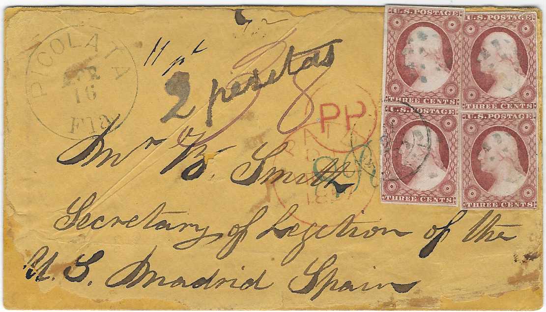 United States 1857 (Apr 16) orange-buff envelope addressed to “Secretary of Legation of the U.S., Madrid, Spain” franked with 1853-55 3c. dull red (Sc 11)  in two vertical pairs (left-hand pair with touched margins at right), blue cork cancels and matching Picolata Fla date stamp, circular framed PP and red London Paid, double-ring Madrid cds, various manuscript rate markings including “2 pesetas”. The envelope is rebacked front with repaired corners, The Philatelic Foundation certificate.