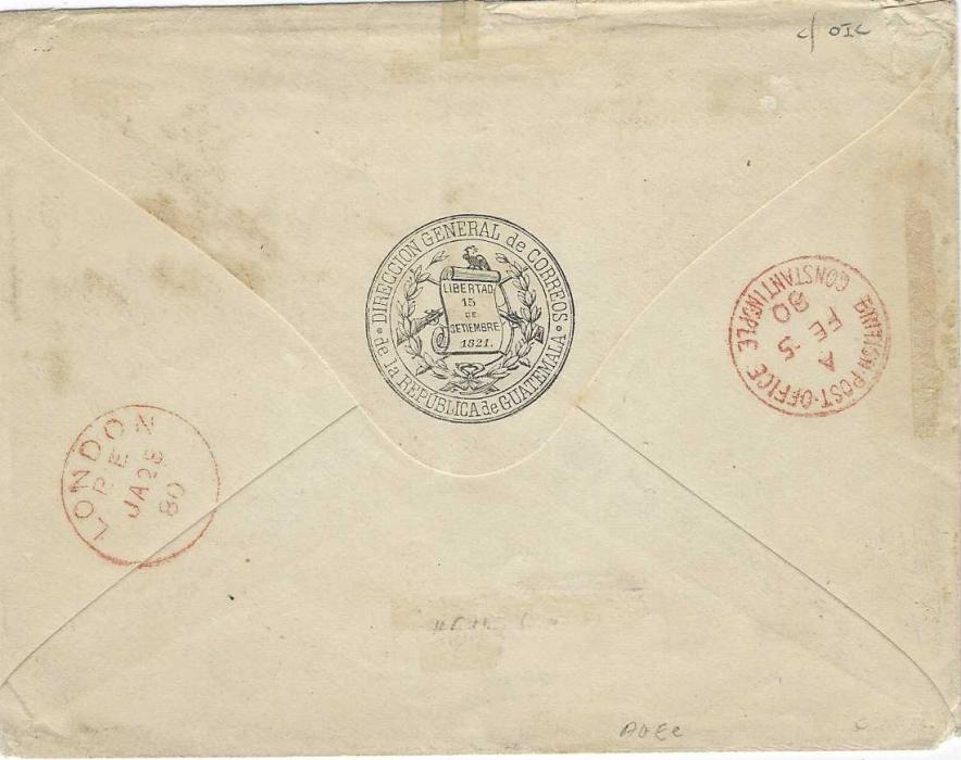 Guatemala 1879 (Dic 28) stampless official cover to Constantinople with printed ‘Correspondencia particular/ del/ Director General de Correos’ and on reverse the associated printed seal, octagonal date stamp bottom left and on transit at London with two 1873-80 1/- green, plate 14, GE and HH, tied ‘10’ numeral obliterators, reverse with London transit and fine British Post Office Constantinople index A cds of FE 5/ 80; a fine and most unusual cover.