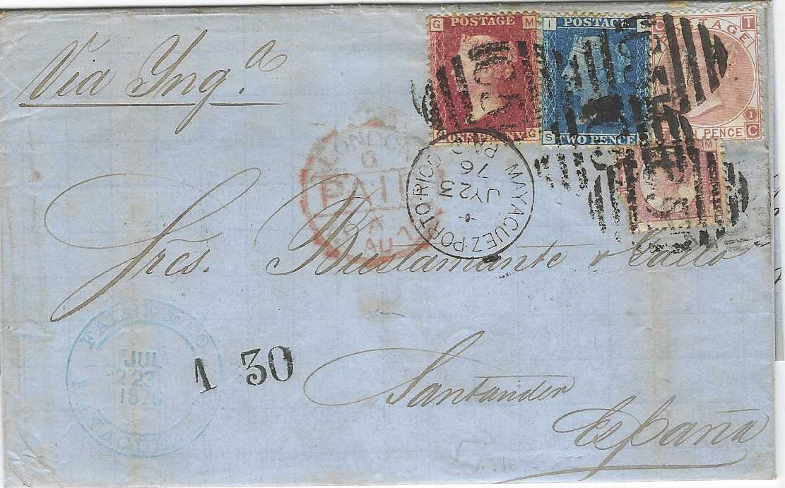 Great Britain (Puerto Rico) 1876 (JY 23) entire to Santander, Spain, endorsed “Via Inga.” franked Line Engraved ½d. (damaged corner), 1d. and 2d. together with 1867-80 10d., plate 1, TC, the 1d. tied by Mayaguez Porto Rico Paid cds of British Post Office. As this cancel only tied the 1d. four ‘C51’ obliterators were applied in transit at St Thomas, Danish West Indies, London transit at centre, arrival backstamp; vertical filing crease affecting stamps not detracting. 
