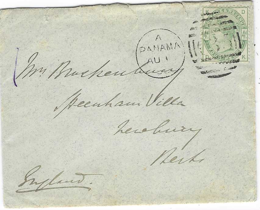 Great Britain (Panama) 1886 (AU 1) envelope to Newbury franked 1884 4d. green tied ‘C35’ Panama duplex, arrival backstamp. A little roughly opened at top, a late usage of 4d. rate at the Panama Packet Agency following entry of Colombia into UPU on 1.7.1881. Very rare with only 2 such covers recorded and not listed in S.G., R.P.S. Certificate.