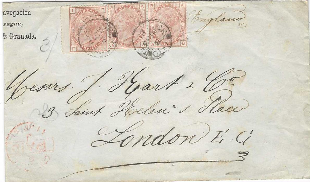 Great Britain (Nicaragua) 1881 (MR 12) envelope reduced at left to London franked 1880, wmk Spray 1/- orange-brown, plate 13, single and pair, FI and AA-AB tied by two Greytown cds, arrival cancel bottom left. Rare stamps with this watermark.