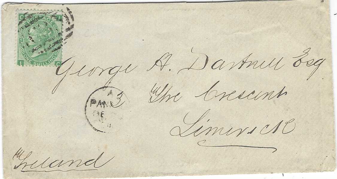 Great Britain (Panama) 1871 (Dec) envelope to Limerick, Ireland franked 1867-80 1/-, plate 5, IC cancelled  ‘C35’ obliterator with A/ PANAMA cds in association, arrival backstamp.