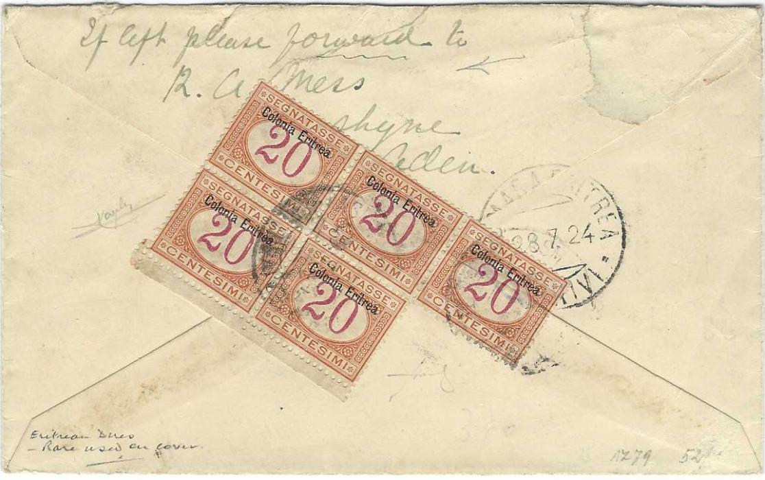 Eritrea 1924 cover from Hemel Hempstead, England underfranked with 1½d. and bearing hexagonal framed ‘T’, annotated on reverse “If left please forward to/ R. A. Mess/ Aden”, initial arrival backstamp overlaid block of five 1903 20c Postage Dues tied by two unclear cancels.