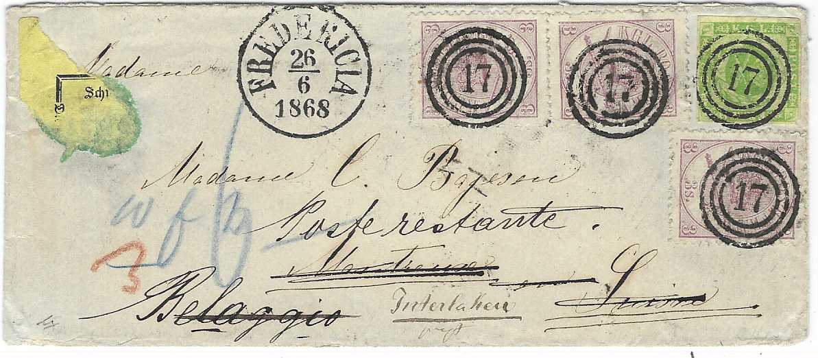 Denmark 1868 (26/6) envelope to Poste Restante, Montreux, Switzerland franked 1854-57 Dotting in Spandrels 8s. green (four margins but damaged top right corner) together with 1864-68 3s. red violet (3) tied by four fine three-ring ‘17’ numerals and Frederica cds in association, redirected on arrival to Belaggio, Lake Como, Italy with a wide variety of backstamps.