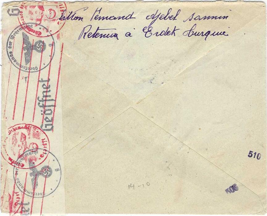 Turkey (Internee Mail) 1943 (4.3.) stampless envelope addressed to “Ministere de la Marine” France bearing red framed ‘SERVICES/ des belligerant internes’, Beyoglu Istanbul despatch, double-ring crecent moon and star circular handstamp, violet Marine Francaise/ Service A La Mer ‘anchor’ illustrated handstamp, German censorship front and back. A fine quality example.