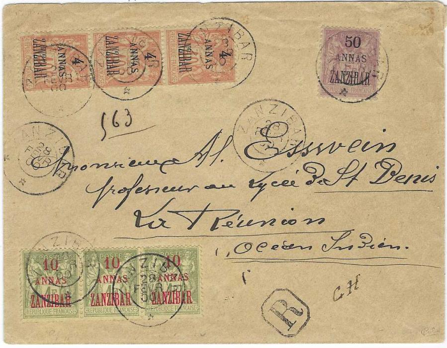 Zanzibar (French Post Offices) 1900 (28 Fevr) registered cover to Reunion franked 1894-95 4a on 40c. vertical strip of three, 10a on 1f pair and single and 50a. on 5f. tied double-ring cds, reverse with unclear octagonal French maritime date stamp and Reunion St Denis arrival cds. Fine condition cover with scarce 50a.