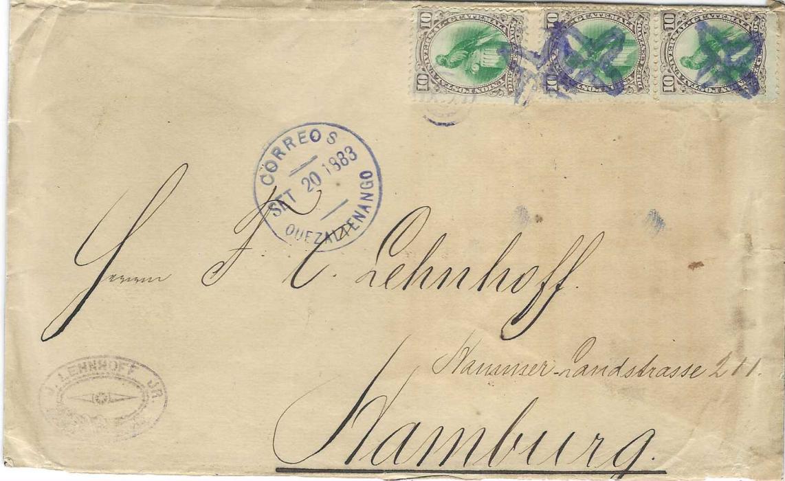 Guatemala 1883 (Set 20) cover to Hamburg franked 1881 10c. Quetzal single and vertical pair cancelled by blue-violet four pointed handstamp, Correos Quetzaltenango cd in same colour, reverse with octagonal Guatemala transit, London transit and framed arrival. Thick envelope opened on three sides with separation between layers.