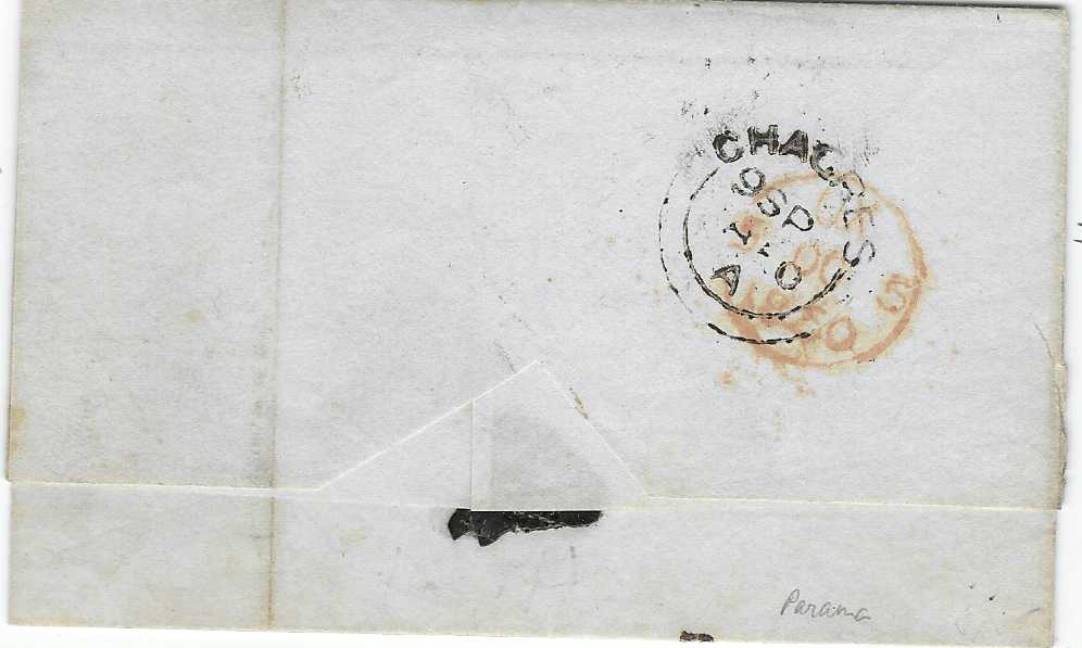 Panama 1850 (9 SP) outer letter sheet to London with fine Chagres double arc cds of British Post Office on reverse along with arrival cancel; vertical crease at left, a good example of a rare cancel.
