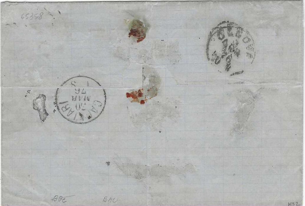 Italy (Tunisia) 1876 outer letter sheet from Sfax to Genova franked 1874 Levant ‘Estero’ overprinted 10c. (2, one with slightly rounded corner) and 20c. tied  by two framed ‘Piroscafo/ Postali/ Italiani’ handstamps, ‘Da Tunisi’  origin handstamp, reverse with arrival cds. G.C. Asinelli Certificate.