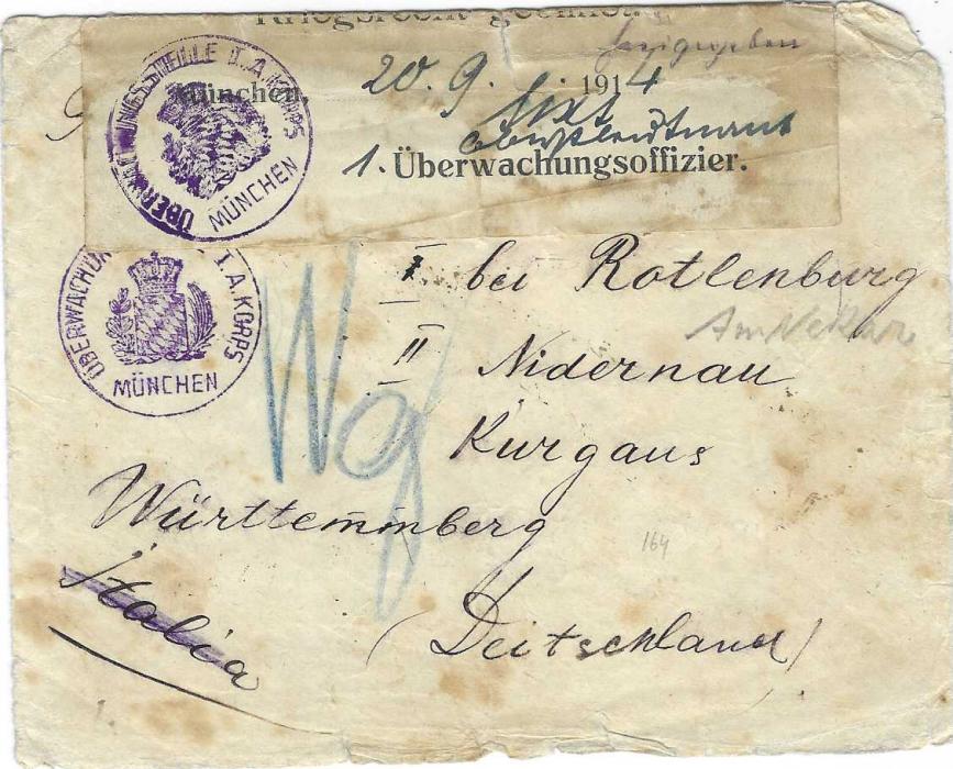 Russia 1914 envelope addressed to Kurgaus, Wurttemberg, franked on reverse 10k. Romanov tied by purple Favignana * Piroscafo Postale Italiano date stamp (Black Sea Line). Censored en route at Munich with censor strip applied with violet cachets, the strip with manuscript date of 20th September, curiously, the maritime cds is dated 9th November; vertical filing crease and sme staining, a most unusual cover.