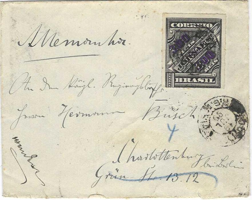 Brazil 1899 (19 Jul) cover to Charlottenburg, Berlin franked ‘300’ on 100 reis newspaper stamp tied by Rio Grande do Sul date stamp, transit and arrival backstamps.