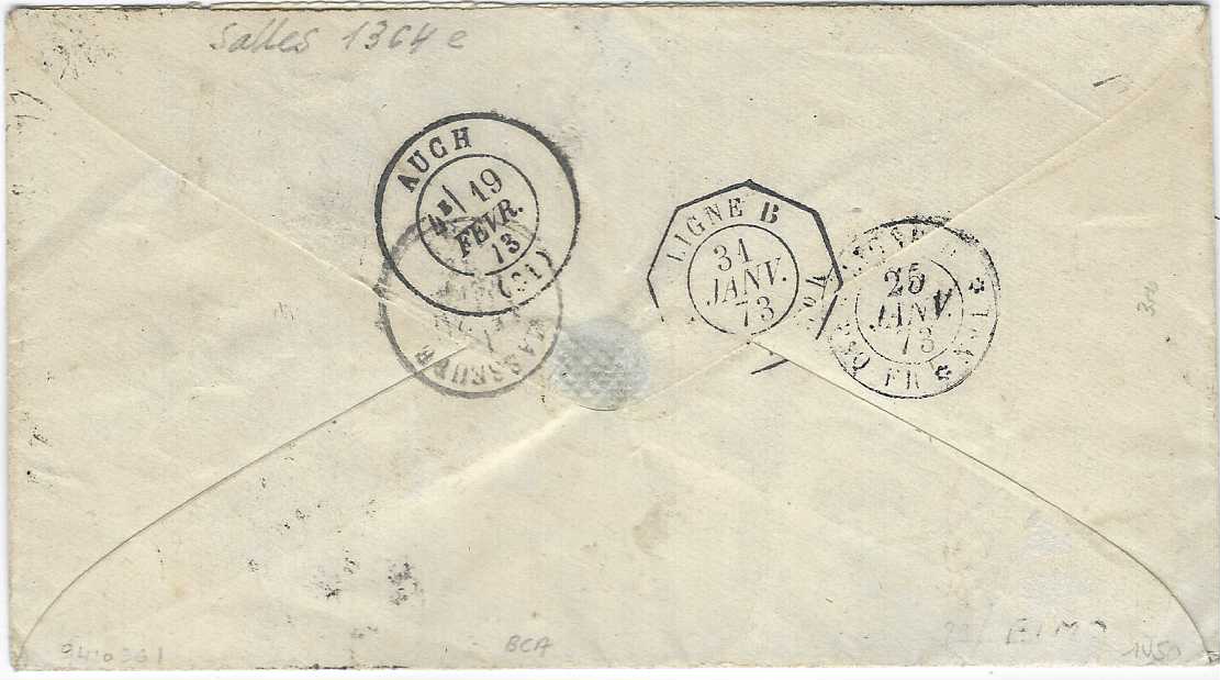 France (Maritime Mail) 1873 envelope to Marseille franked ‘Ceres’ 25c. blue strip of four cancelled by two ‘anchor’ lozenges, at right octagonal Cuba date stamp of 25 Janv, two further maritime cancels on reverse ‘Ligne Paq Fr.*No.1*’on 25 Janv and octagonal Ligne B...No.4 date stamp of 31 Janv.