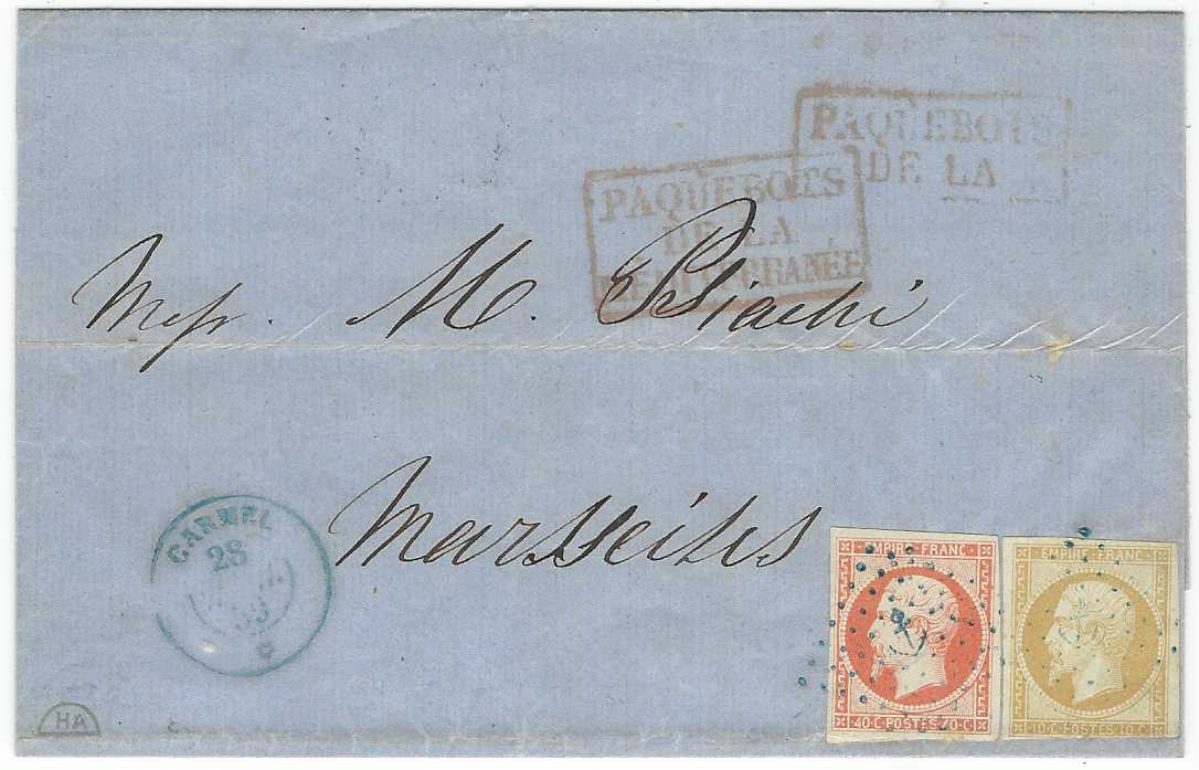 France (Maritime Mail) 1859 outer letter sheet  to Marseille franked Napoleon imperf 10c (cut into at base) and 40c. four margined, tied by blue anchor lozenge, blue CARMEL 28/Avri/59 cds and framed PAQUEBOTS/ DE LA/ MEDITERRANNEE alongside, arrival backstamp.