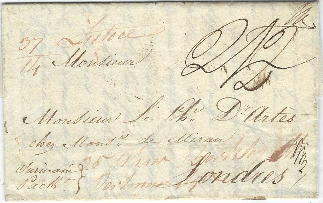 Martinique (British Occupation – Napoleonic War) 1812 (1 July) entire to London bearing framed MARTINIQUE handstamp of British Packet Agent, manuscript “2/2” charge (1/3d. packet rate West Indies to Falmouth pus 1/- to London less 1d rebate). Reverse with manuscript “not known at the Spanish Ambassadors/ not Spanish Consul” and re-addressed to Upper Berkley St, Portman Sq. From the Third British Occupation 1809-14.