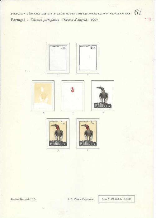 Angola 1951 Birds set of 24 on Courvoisier Archive pages, all imperf in finished or colour stages, a few values are duplicated and also on first page, No. 66, there are three photographic proofs of unissued values and colour trials for an unissued 40c. value. All in fine condition on the company’s archival pages, 137 examples. A unique item.