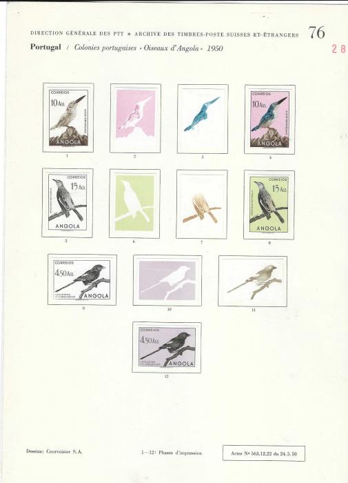 Angola 1951 Birds set of 24 on Courvoisier Archive pages, all imperf in finished or colour stages, a few values are duplicated and also on first page, No. 66, there are three photographic proofs of unissued values and colour trials for an unissued 40c. value. All in fine condition on the company’s archival pages, 137 examples. A unique item.