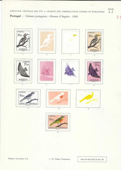 Angola 1951 Birds set of 24 on Courvoisier Archive pages, all imperf in finished or colour stages, a few values are duplicated and also on first page, No. 66, there are three photographic proofs of unissued values and colour trials for an unissued 40c. value. All in fine condition on the company’s archival pages, 137 examples. A unique item.