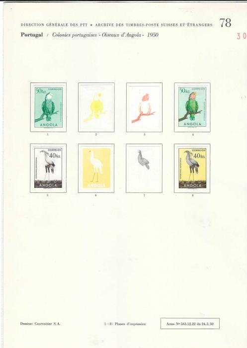 Angola 1951 Birds set of 24 on Courvoisier Archive pages, all imperf in finished or colour stages, a few values are duplicated and also on first page, No. 66, there are three photographic proofs of unissued values and colour trials for an unissued 40c. value. All in fine condition on the company’s archival pages, 137 examples. A unique item.