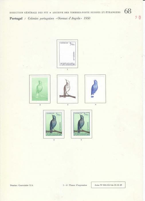 Angola 1951 Birds set of 24 on Courvoisier Archive pages, all imperf in finished or colour stages, a few values are duplicated and also on first page, No. 66, there are three photographic proofs of unissued values and colour trials for an unissued 40c. value. All in fine condition on the company’s archival pages, 137 examples. A unique item.