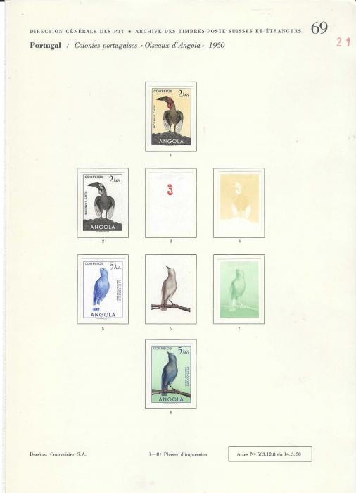 Angola 1951 Birds set of 24 on Courvoisier Archive pages, all imperf in finished or colour stages, a few values are duplicated and also on first page, No. 66, there are three photographic proofs of unissued values and colour trials for an unissued 40c. value. All in fine condition on the company’s archival pages, 137 examples. A unique item.