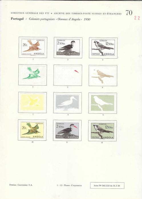 Angola 1951 Birds set of 24 on Courvoisier Archive pages, all imperf in finished or colour stages, a few values are duplicated and also on first page, No. 66, there are three photographic proofs of unissued values and colour trials for an unissued 40c. value. All in fine condition on the company’s archival pages, 137 examples. A unique item.