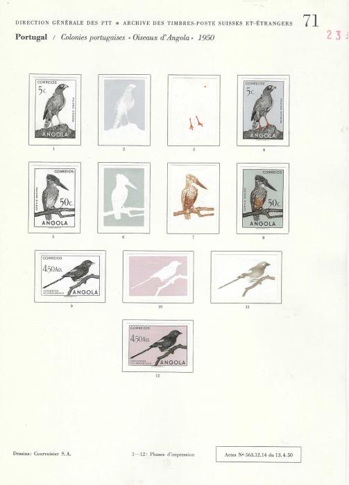 Angola 1951 Birds set of 24 on Courvoisier Archive pages, all imperf in finished or colour stages, a few values are duplicated and also on first page, No. 66, there are three photographic proofs of unissued values and colour trials for an unissued 40c. value. All in fine condition on the company’s archival pages, 137 examples. A unique item.