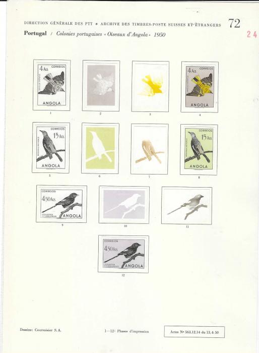 Angola 1951 Birds set of 24 on Courvoisier Archive pages, all imperf in finished or colour stages, a few values are duplicated and also on first page, No. 66, there are three photographic proofs of unissued values and colour trials for an unissued 40c. value. All in fine condition on the company’s archival pages, 137 examples. A unique item.