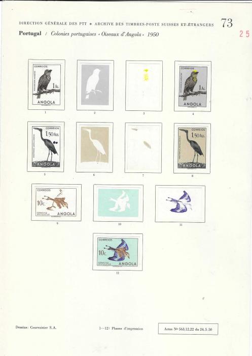 Angola 1951 Birds set of 24 on Courvoisier Archive pages, all imperf in finished or colour stages, a few values are duplicated and also on first page, No. 66, there are three photographic proofs of unissued values and colour trials for an unissued 40c. value. All in fine condition on the company’s archival pages, 137 examples. A unique item.